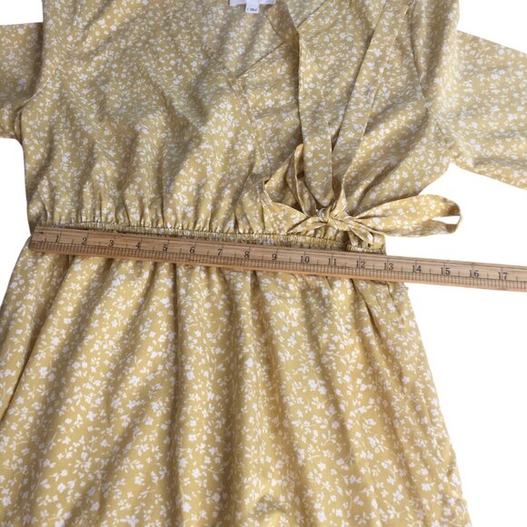 Ditsy Floral Sundress Womens Sz L Yellow Waist Tie Prairie Cottagecore - Picture 10 of 13